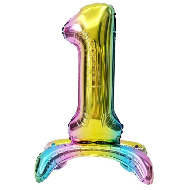 Ballon chiffre 1 avec support aluminium arc-en-ciel 51xH81cm