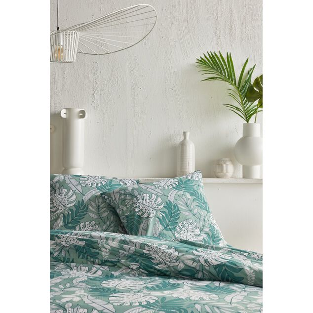 Parure de lit 2 personnes 220x240cm motif feuillage exotique vert et blanc