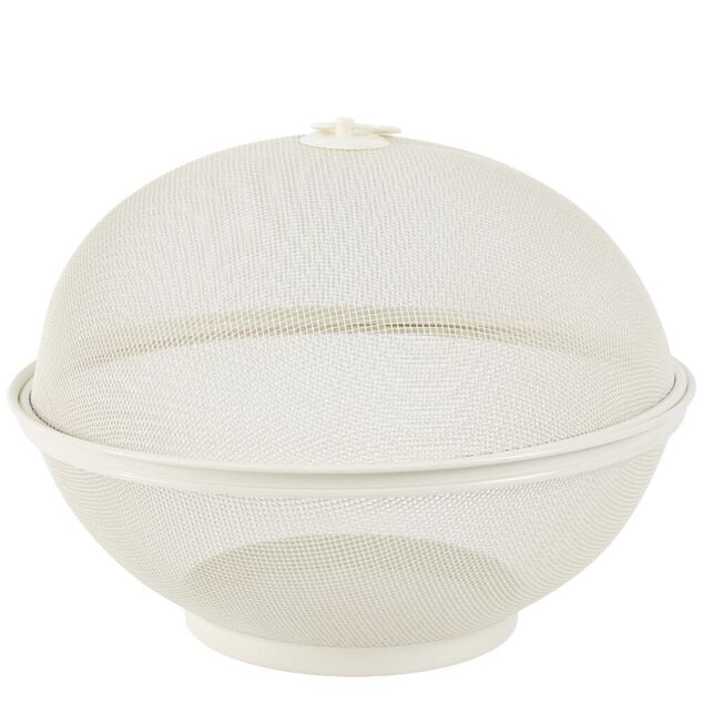 Corbeille &agrave; fruits avec cloche m&eacute;tal grillag&eacute; blanc cr&egrave;me &Oslash;28,5xH22cm