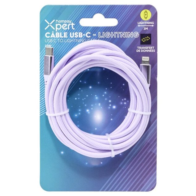 C&acirc;ble de charge USB vers lightning nylon 3m (2 mod&egrave;les bleu ou violet)