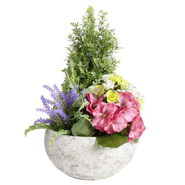 Vasque fleurs artificielles buis/boutons de roses/lys/pens&eacute;es/bruy&egrave;re &Oslash;35xH36cm