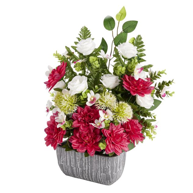Composition florale artificielle multifleur rouge vase ciment L50xH60cm