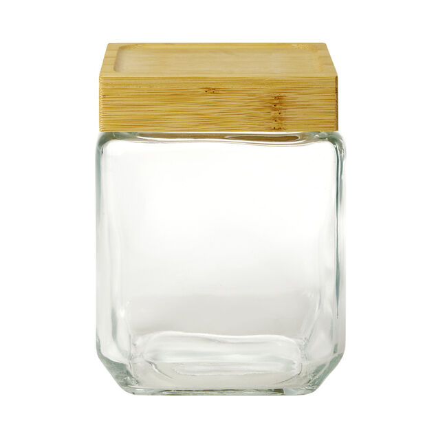 Pot de conservation herm&eacute;tique carr&eacute; en verre avec couvercle bambou 12cl