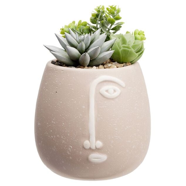 Plante artificielle dans pot en gr&egrave;s d&eacute;co visage
