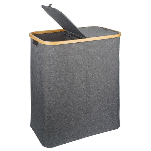 Coffre à linge double 50L bambou et tissu gris
