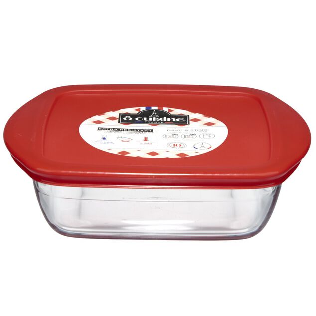 Plat de cuisson carr&eacute; en verre avec couvercle en plastique 1 L
