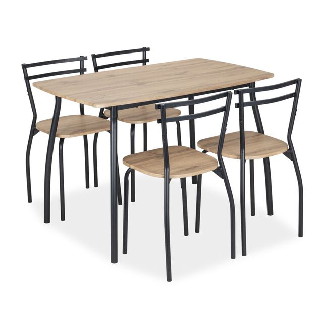 Table avec 4 chaises Luffi m&eacute;tal noir et bois marron 100x70xH75cm