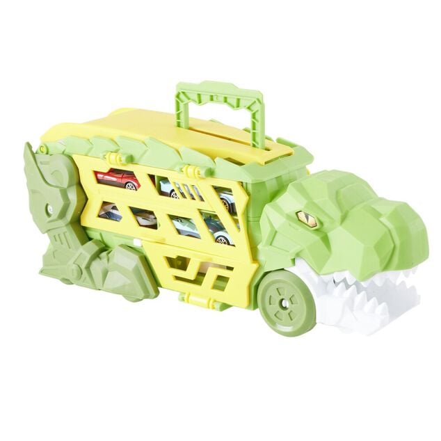 Camion transporteur dinosaure avec 4 v&eacute;hicules vert 44x29xH19cm