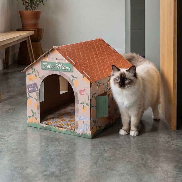 Maison pour chat carton d&eacute;cor Dolce Miaou 41x36xH41cm