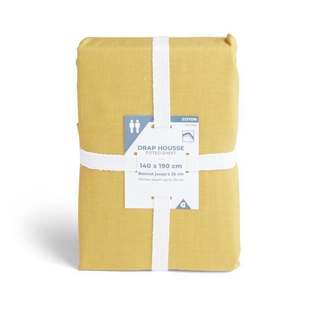 Drap housse 140x190cm 100% coton jaune moutarde