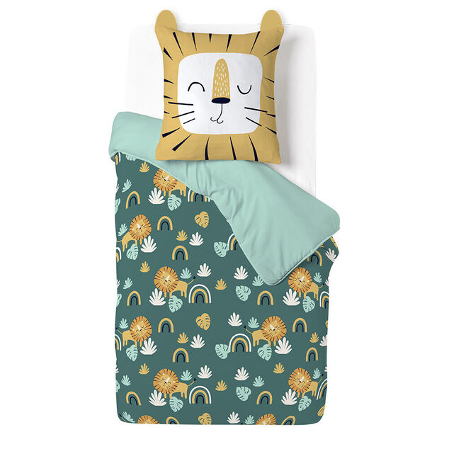 Parure de lit enfant 1 personne 140x200cm r&eacute;versible motif savane lion vert