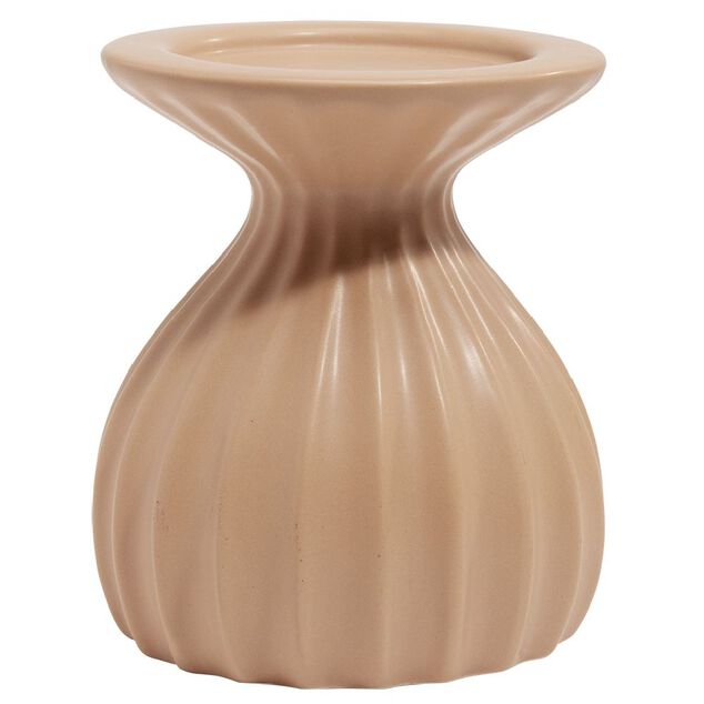 Bougeoir rond strie relief c&eacute;ramique marron - &Oslash;12xH13cm