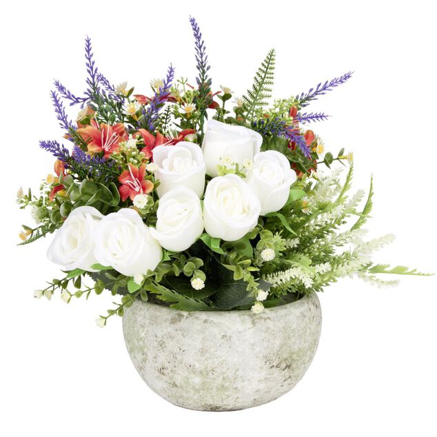 Vasque ciment roses bruy&egrave;re et gypsophile &Oslash;33xH32cm (4 mod&egrave;les)