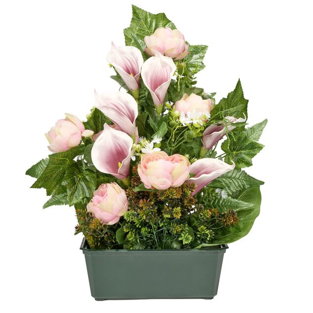 Composition florale jardini&egrave;re pivoines arums buis lierre 50x10xH64cm (3 mod&egrave;les)