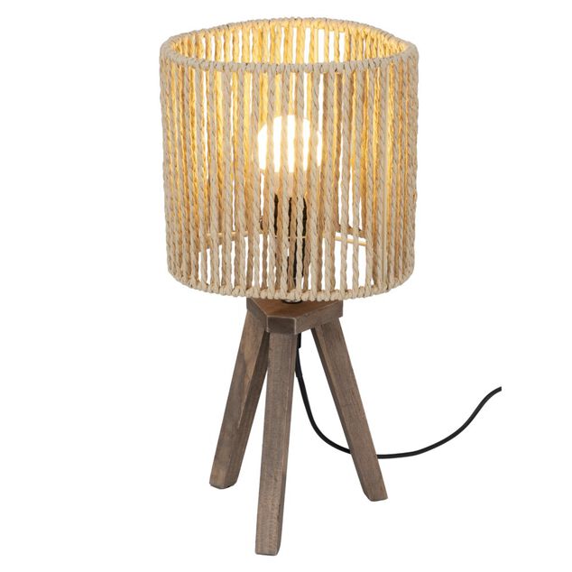 Lampe &agrave; poser tr&eacute;pied bois abat-jour papier tress&eacute; &Oslash;16xH32,5cm