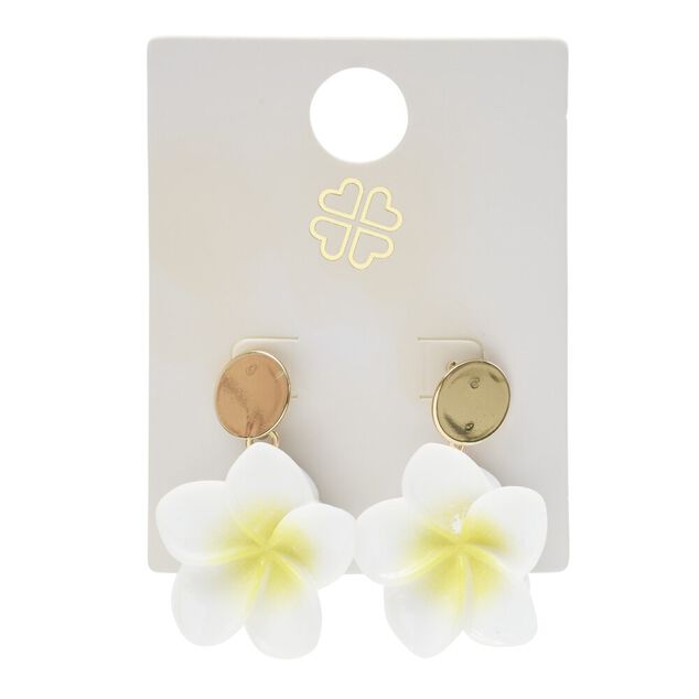 Boucles d'oreilles fleur de tiar&eacute; blanche et jaune bouton m&eacute;tal dor&eacute; L5cm