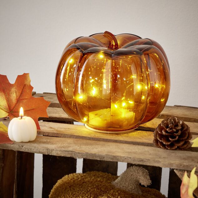Citrouille avec guirlande LED verre transparent orange &Oslash;18x16cm