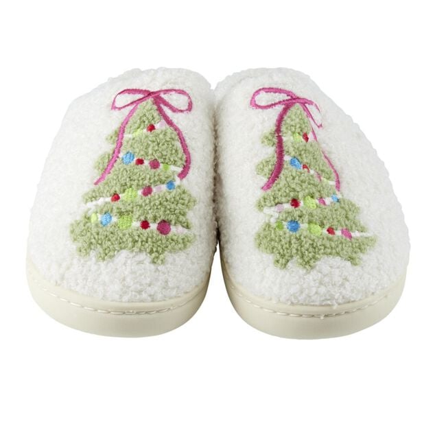 Chaussons femme molleton motif sapin blanc et vert (3 tailles)