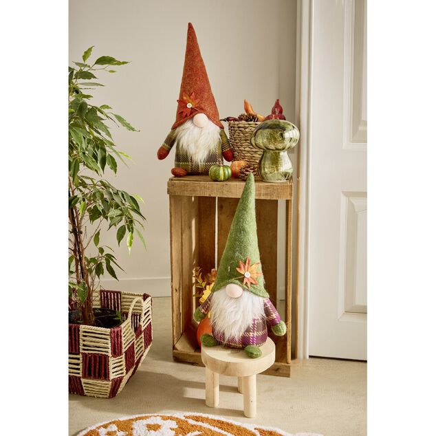 Gnome &agrave; poser th&egrave;me automne en feutrine 18x11xH40cm (2 mod&egrave;les orange ou vert)