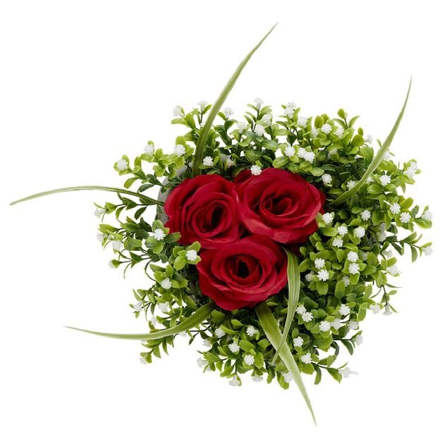 Composition fleur artificielle rose rouge pot ciment forme coeur