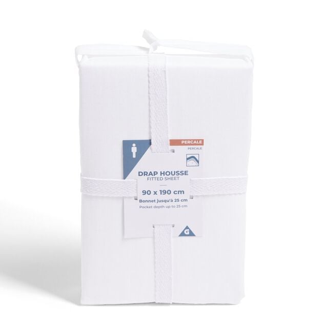 Drap housse 90x190cm 100% coton percale blanc