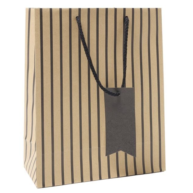 Sac cadeau papier marron &agrave; rayures noires 26x12xH32cm