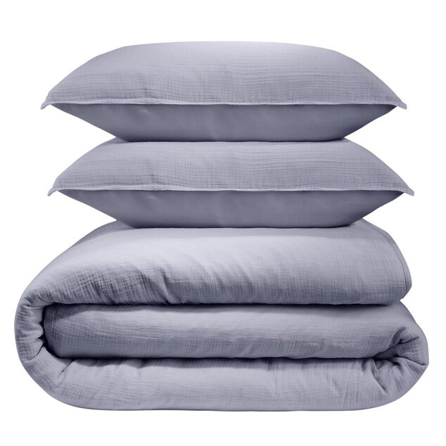 Parure de lit L240X220 cm gaze de coton 1 housse 2 taies 63X63 cm uni bleu