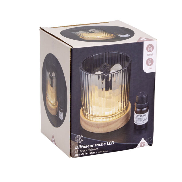 Diffuseur roche LED base bois avec 1 huile essentielle - 2 mod&egrave;les