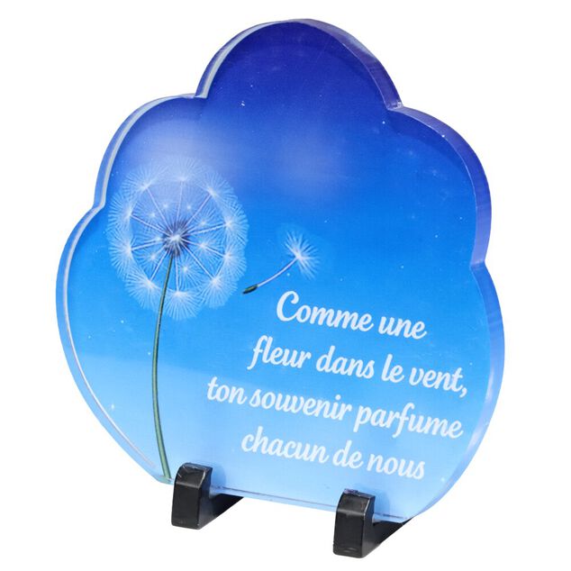 Plaque fun&eacute;raire inscription nuage bleu pissenlit acrylique pied m&eacute;tal 18x8,5xH18,5cm