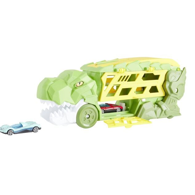 Camion transporteur dinosaure avec 4 v&eacute;hicules vert 44x29xH19cm