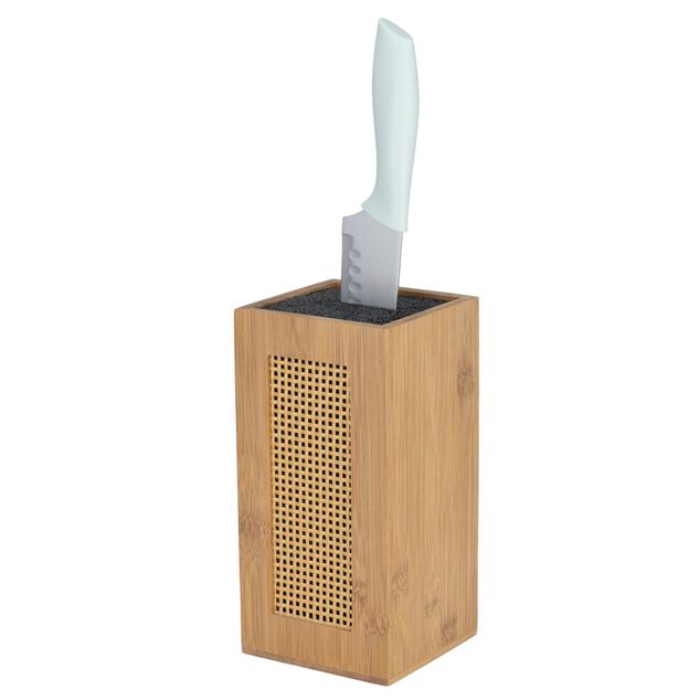 Bloc couteau de cuisine en bois et bambou face effet rotin tress&eacute; 11x11xH22cm