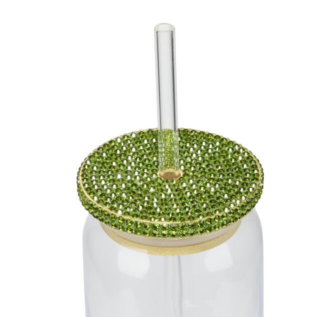 Gobelet avec couvercle paillette et paille imprim&eacute; teckel 450 ml &Oslash;7XH14 cm vert