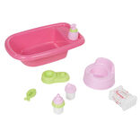 Baignoire rose garnie d'accessoires pour poupon