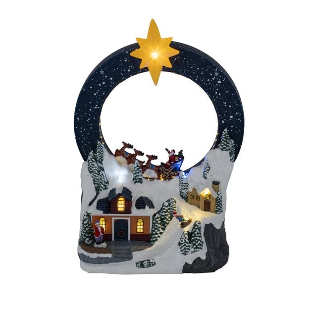 Village anim&eacute; et lumineux avec maisons et traineau P&egrave;re No&euml;l 19x11xH29cm