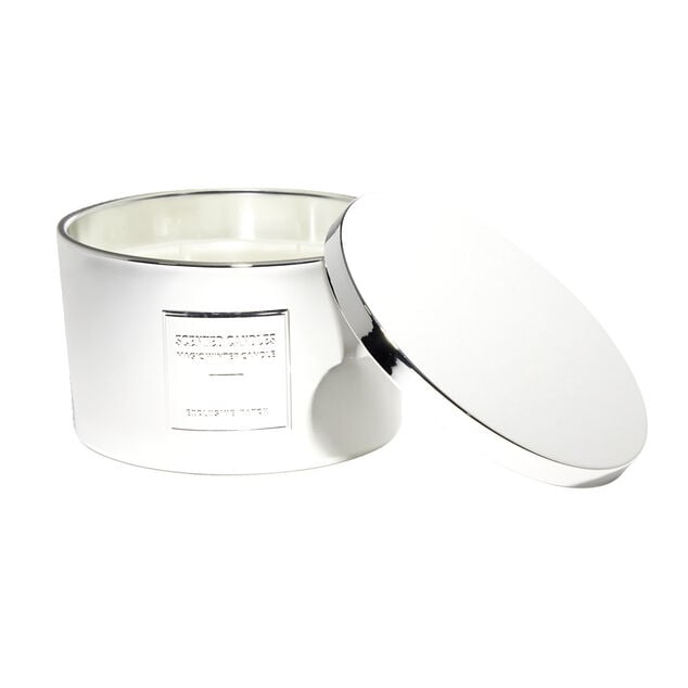 Bougie avec couvercle pot m&eacute;tallis&eacute; gris senteur fleur d'oranger 30H