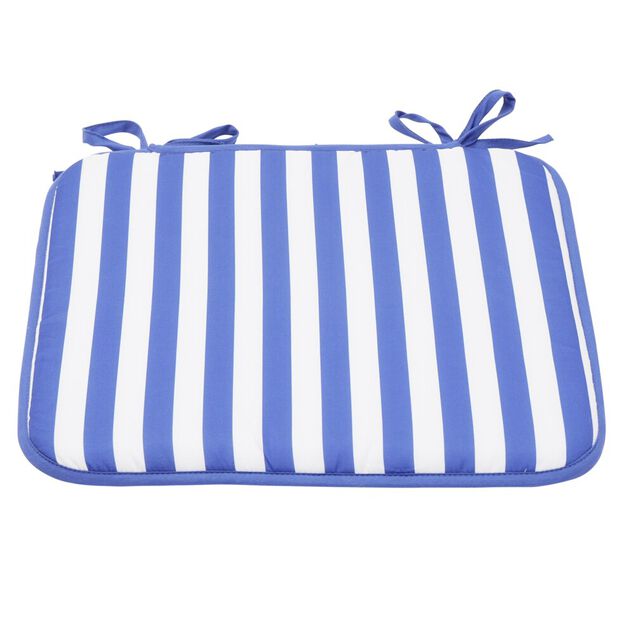Galette de chaise carr&eacute;e rayures bayad&egrave;res blanches et bleues 40x40cm