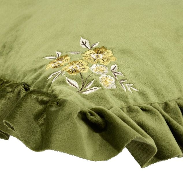 Coussin carr&eacute; &agrave; volant angles fleurs brod&eacute;es 40x40cm (2 mod&egrave;les marron ou vert)