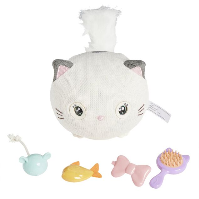 Peluche chaton interactif tissage laine blanc avec accessoires &Oslash;19xH19cm