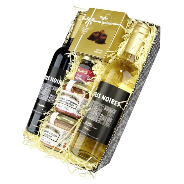 Panier gourmand Noël garni 2 bouteilles de vin 2 pâtés avec truffes et confit