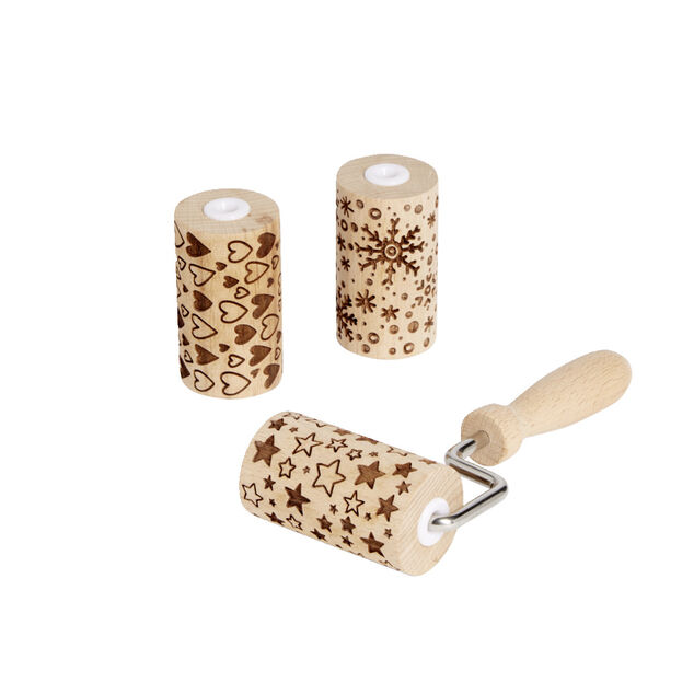 Lot de 3 mini rouleaux &agrave; p&acirc;tisserie en bois &agrave; motifs &eacute;toile/flocon/coeur