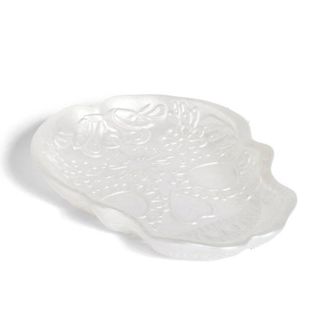 Plat Halloween t&ecirc;te de mort mexicaine en verre blanc 15x11xH2cm