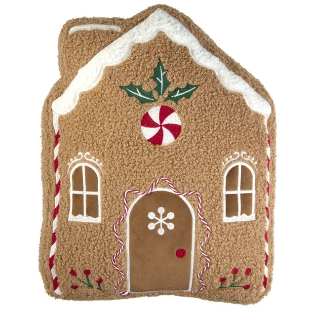 Coussin forme maison pain d'&eacute;pice No&euml;l tissu bouclette L40X30XH6 cm marron