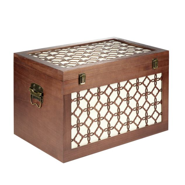 Malle rangement en bois fermeture et poign&eacute;es m&eacute;tal carreau de ciment 48x32xH30cm