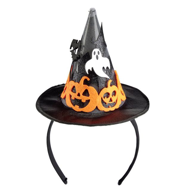 Serre-t&ecirc;te Halloween lumineux LED chapeau avec citrouilles et fant&ocirc;me H23cm