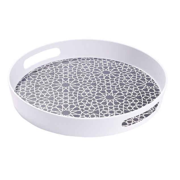 Plateau rond m&eacute;lamin&eacute; motif g&eacute;om&eacute;trique blanc et bleu &Oslash;34,5xH5cm