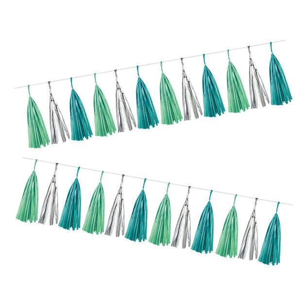 Guirlande pompon papier bleu vert gris argent&eacute; 4,2 m