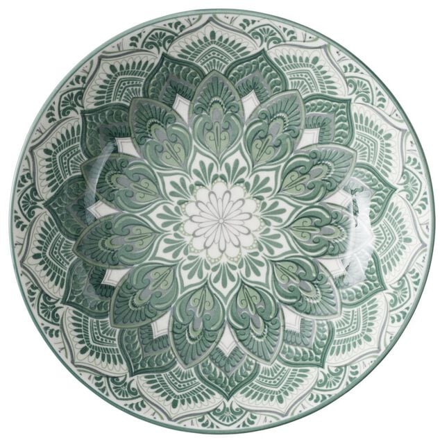 Service &agrave; vaisselle 12 pi&egrave;ces c&eacute;ramique opale motif mandala vert et blanc