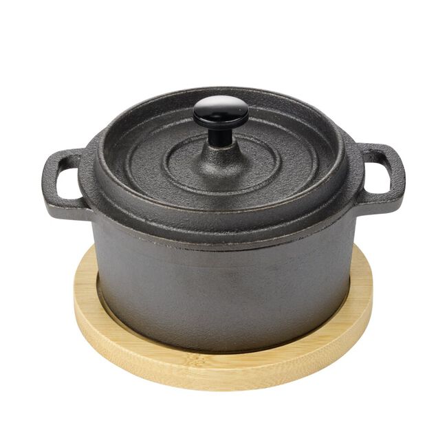 Mini cocotte en fonte avec support bambou L13X11X8 cm noir