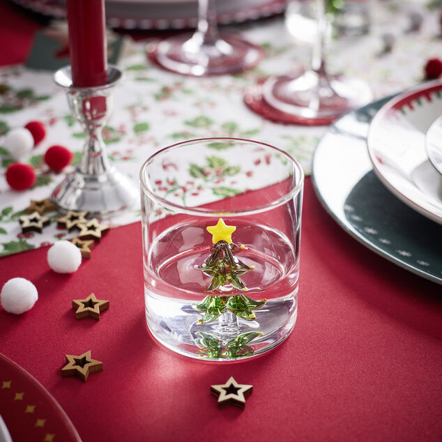 Verre No&euml;l transparent avec centre sapin 3D &Oslash;8xH8,5cm