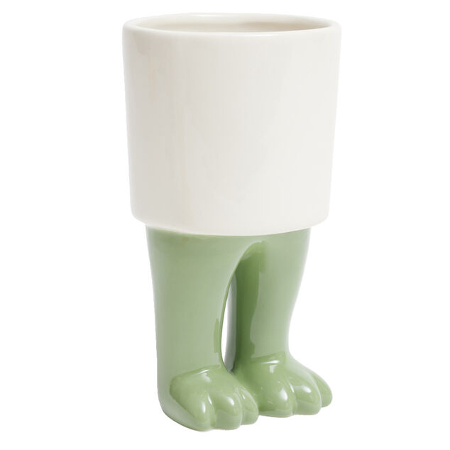Pot rond en c&eacute;ramique avec pieds de dinosaure &Oslash;10xH18cm (2 mod&egrave;les) jaune ou vert